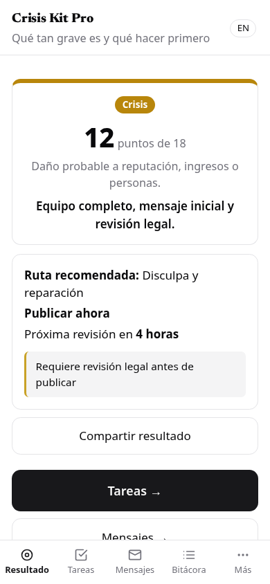 Crisis Kit Pro app — severity result with response window and next actions